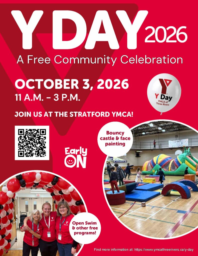 Poster with red background and YMCA logo shares that the YMCA is having a Y Day on October 3rd from 11:00am until 3:00pm. Everyone is welcome. No membership required.